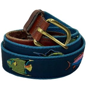 Hand Made in Essex, CT Leather Tropical Fish Woven Blue Canvas Men Size 34 Belt
